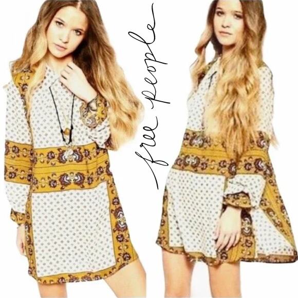FREE PEOPLE Boho Mustard Yellow Floral Tunic Top / Mini Dress - Picture 1 of 12
